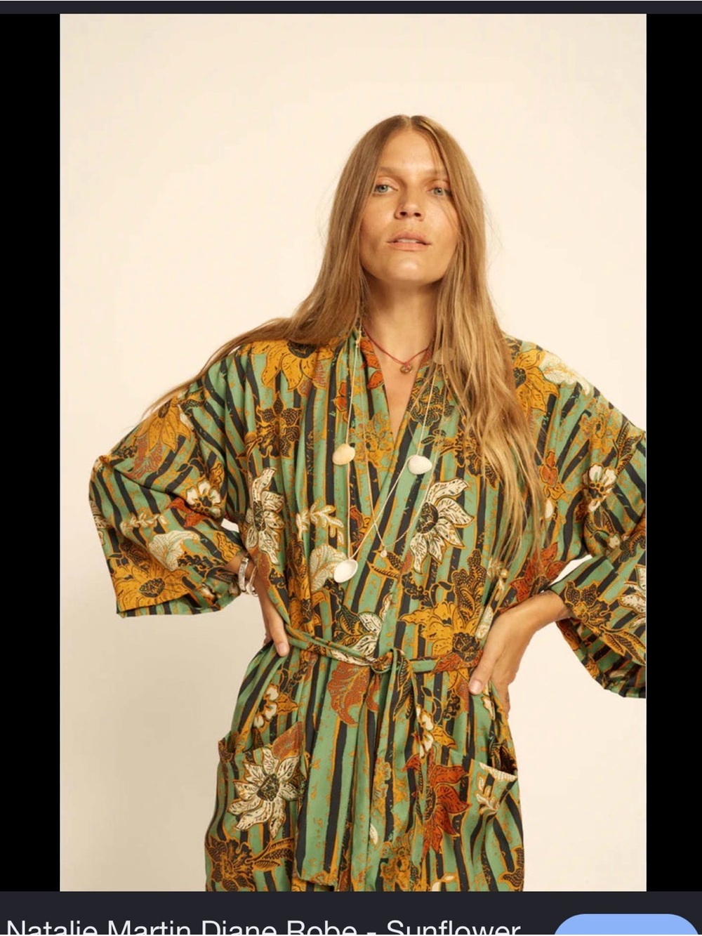 Natalie Martin Floral Stripe Kimono Robe in Green and Gold
